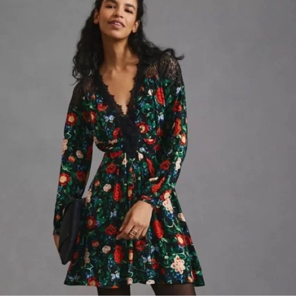 Anthropologie Lacy V-Neck Mini Dress in Black Floral Motif